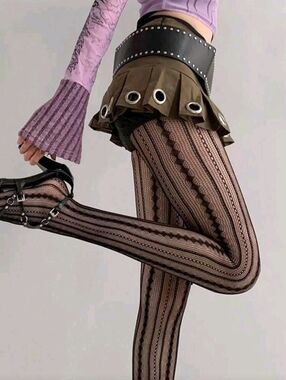 NWT Sexy Black Vintage Romantic Vertical Striped Openwork Hosiery Tights